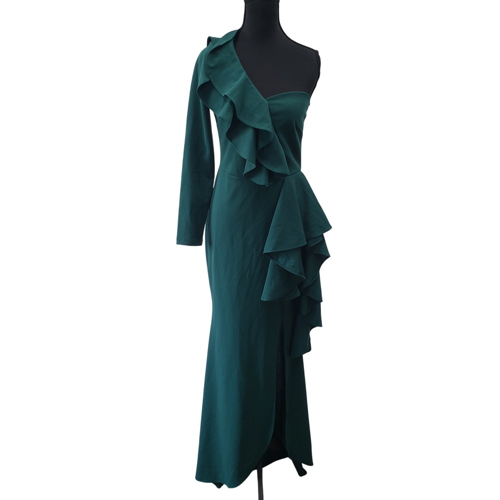 World Ely Fashion Gown Womens Medium Green One Shoulder Ruffle Formal Maxi Dress